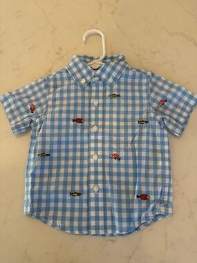 Janie and Jack Blue and White Gingham Shirt with Fish Patch